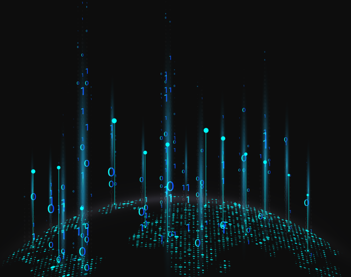 An image of a globe rendered by blue circles with numbers rising from it vertically